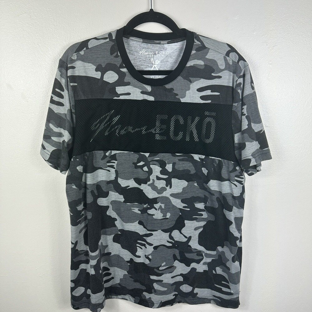 Mark Ecko Cut And Sew Men’s XL T Shirt Gray Camo Mesh Big Spellout Scissor Logo